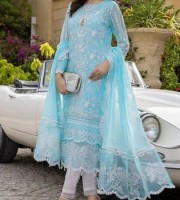 Light Blue Net Dress Embroidery High Quality Unstitched Salwar Kameez (HRB10)